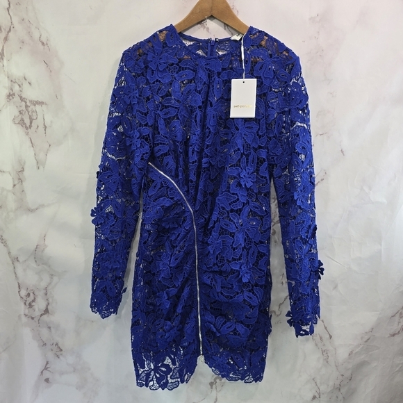 Self Portrait Dress Womens 8 Blue 3D Lily Mini Lace Crochet Zip Floral Royal - Picture 2 of 14